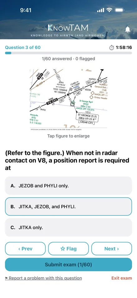 KnowTAM practice exam: a real FAA chart question, with the exam clock