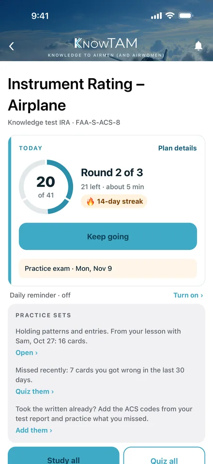 KnowTAM Today card: the day’s cards in a ring, your streak, and a Keep going button