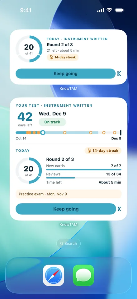 KnowTAM widgets on the Home Screen: the Today card and Plan details