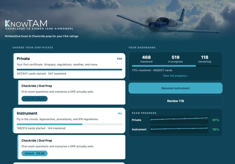 KnowTAM on iPad, dashboard with progress and exam trends