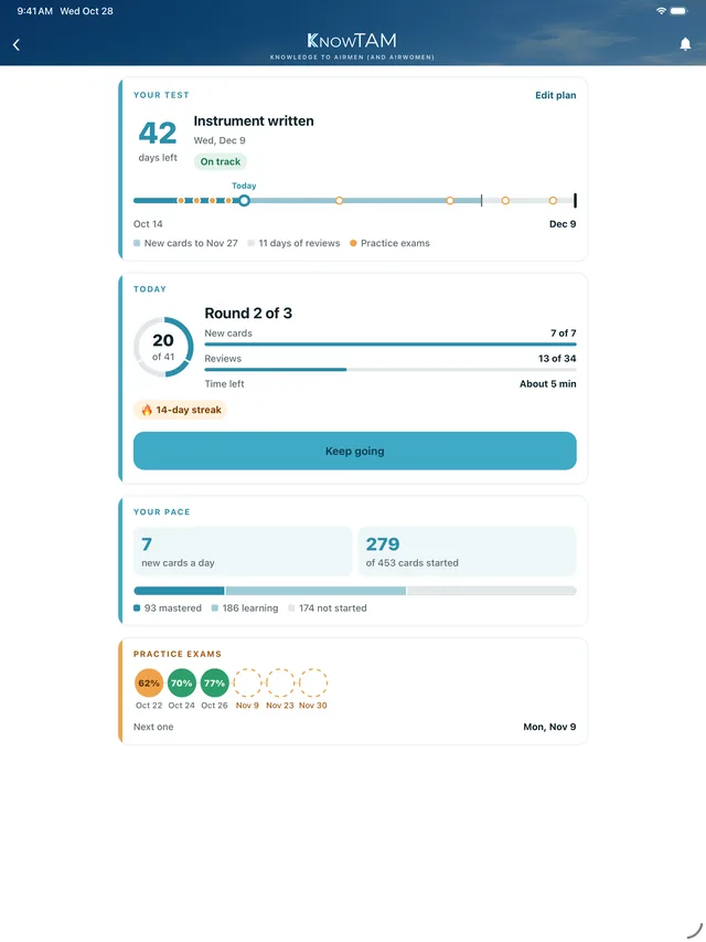 KnowTAM on iPad: Plan details, the timeline to test day and your pace