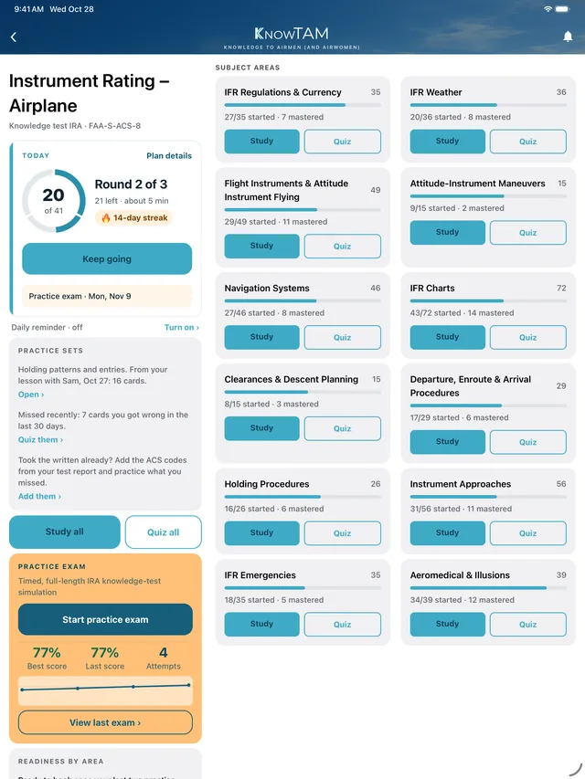 KnowTAM on iPad: the Today card and progress by subject area